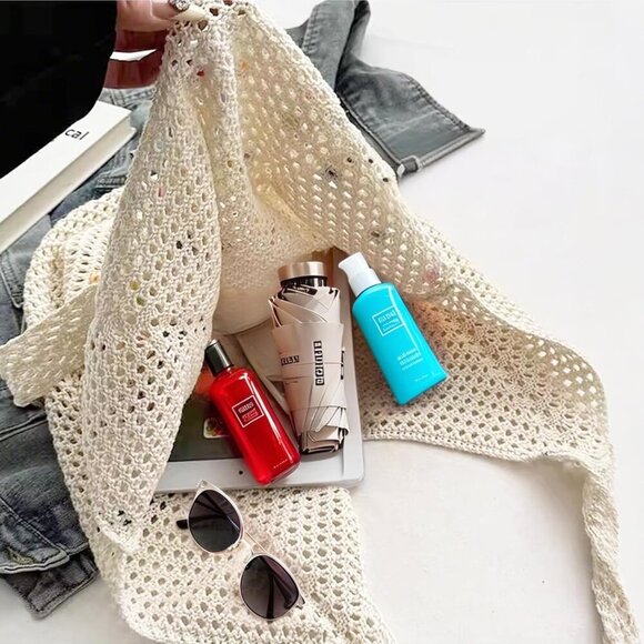 Boho Crochet Beach Bag Tote Large Capacity Summer Travel Gift - Picture 2 of 8